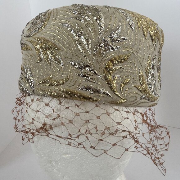 Sequin Pillbox Hat Vintage Gold Brocade Cocktail Netting Union Tag UHCMW Label - Picture 5 of 11